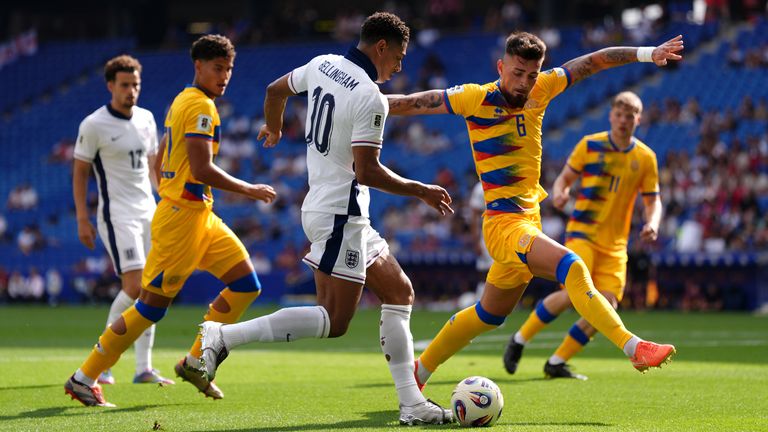 England's Jude Bellingham and Andorra's Marc Garcia (right) in action during the World Cup Qualifier at the RCDE Stadium in Barcelona