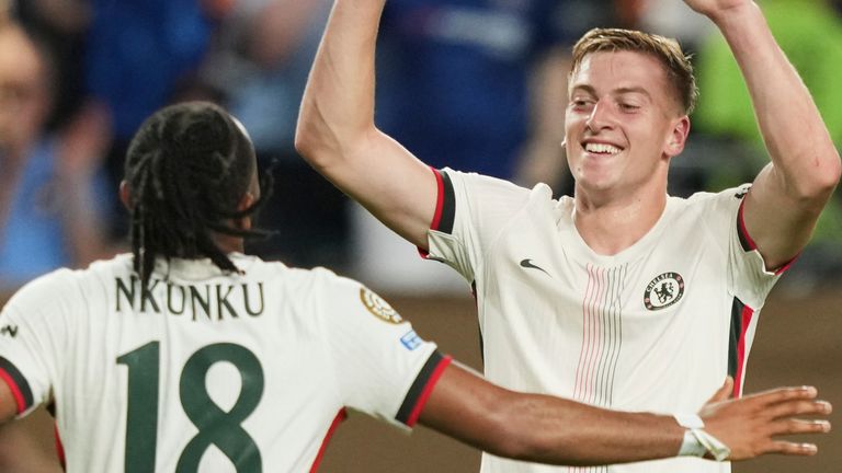 Liam Delap is congratulated by teammate Christopher Nkunku after scoring his first Chelsea goal at the Club World Cup