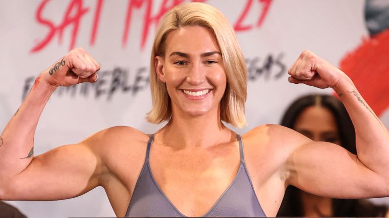 March 28, 2025: Welterweight Mikaela Mayer poses on a scale during weigh-ins inside the Moonstone Event Center ahead of the Mikaela Mayer vs Sandy Ryan fight at the Fontainebleau on March 28, 2025 in Las Vegas, NV. Christopher Trim/CSM. (Credit Image: .. Christopher Trim/Cal Sport Media) (Cal Sport Media via AP Images)