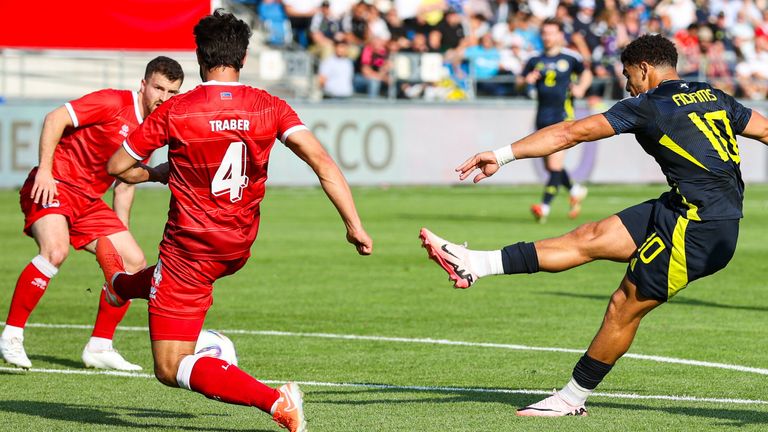 VADUZ, LIECHTENSTEIN - JUNE 08: Scotland's Che Adams scores to make it 2-0 during an International Friendly match between Liechtenstein and Scotland at Rheinpark Stadion, on June 08, 2025, in Vaduz, Liechtenstein. (Photo by Craig Williamson / SNS Group)