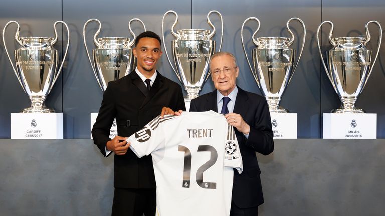 Trent Alexander-Arnold poses with president of Real Madrid Florentino Pérez 