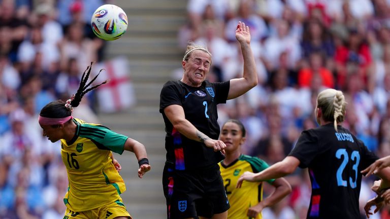 Lucy Bronze heads England into a 2-0 lead against Jamaica