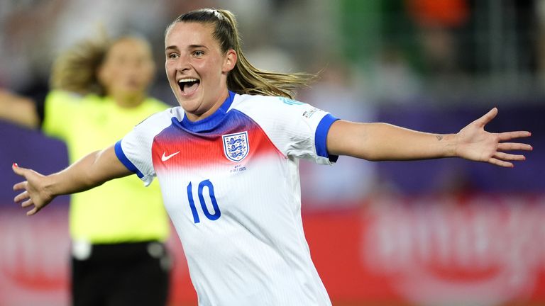 Ella Toone celebrates scoring England's second goal against Wales