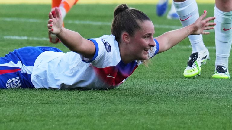 England's Ella Toone celebrates after scoring her side's fourth goal against Netherlands (AP Photo/Alessandra Tarantino)