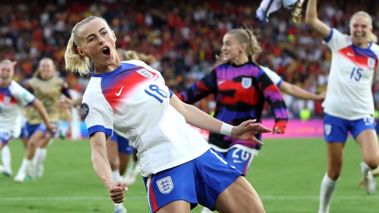 Chloe Kelly celebrates after scoring the decisive penalty as England win Euro 2025