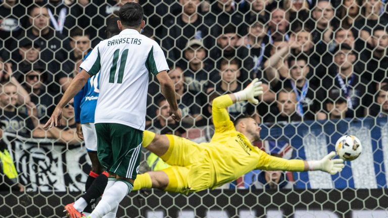 GLASGOW, SCOTLAND - JULY 22: Rangers' Jack Butland makes a save during a UEFA Champions League Second Round Qualifier First Leg match between Rangers and Panathinaikos at Ibrox Stadium, on July 22, 2025, in Glasgow, Scotland. (Photo by Alan Harvey / SNS Group)
