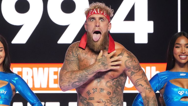 Jake Paulreacts for photographers during a weigh-in ahead of his cruiserweight boxing match against Julio Cesar Chavez Jr