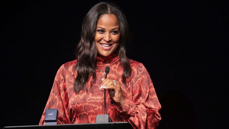 Laila Ali speaks to the fans during the 2022 International Boxing Hall of Fame Induction Weekend. (Alex Menendez via AP)