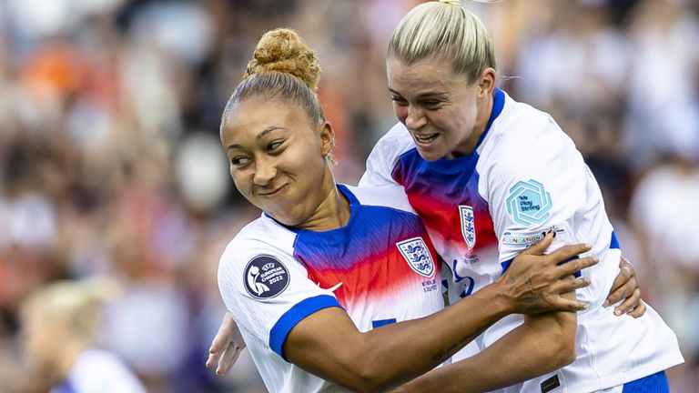 Lauren James and Alessia Russo celebrate England's opening goal against Netherlands in Zurich
