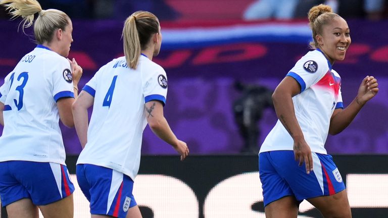 Lauren James celebrates after scoring against the Netherlands (AP Photo/Alessandra Tarantino)
