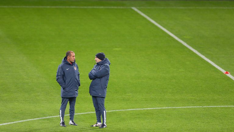 Leonardo Jardim and Nelson Caldeira during a AS Monaco training session ahead of their match  against Bayer Leverkusen in 2014