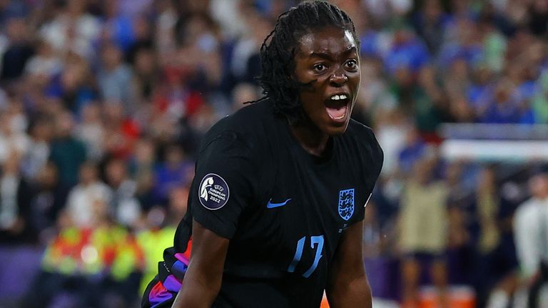 Michelle Agyemang celebrates her stoppage-time equaliser for England against Italy to force extra-time in Euro 2025 semi-final