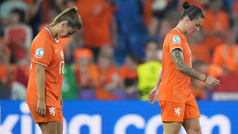 Netherlands' Victoria Pelova, left, and Sherida Spitse react at the end of the Women's Euro 2025