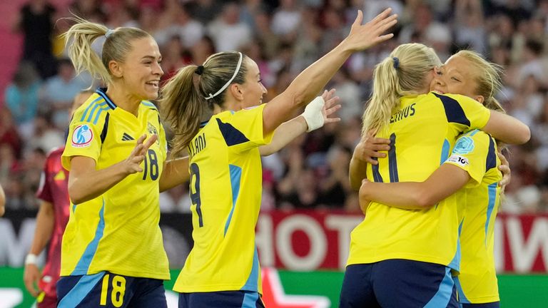 Sweden's Smilla Holmberg, right, celebrates after scoring her side's second goal