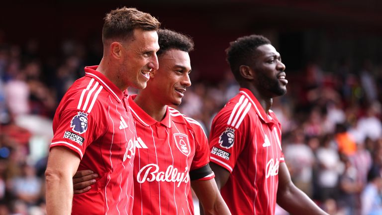 Chris Wood celebrates Nottingham Forest's third goal with team-mates