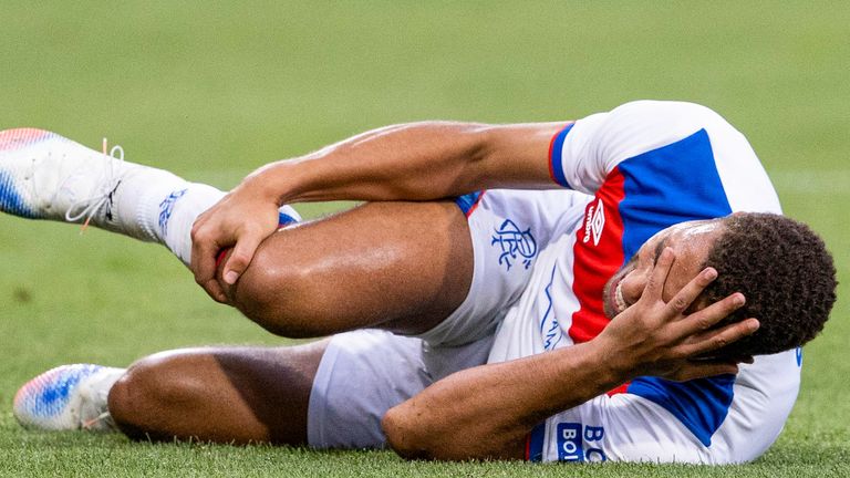 PLZEN, CZECH REPUBLIC - AUGUST 12: Rangers' Cyriel Dessers goes down injured during a UEFA Champions League Third Round Qualifier, Second Leg, between Viktoria Plzen and Rangers at the Doosan Arena, on August 12, 2025, in Plzen, Czech Republic. (Photo by Alan Harvey / SNS Group)