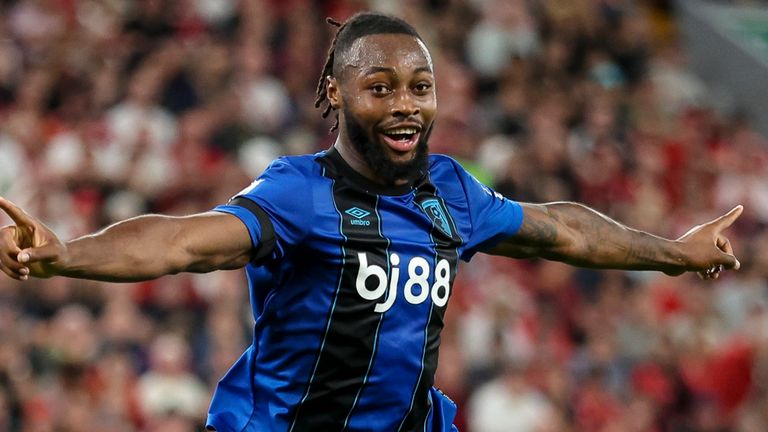 Antoine Semenyo of Bournemouth celebrates after he scores a goal to make it 2-2 against Liverpool