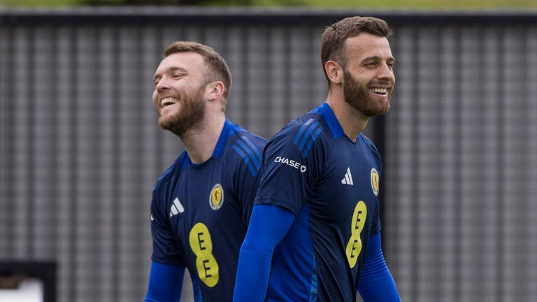 GLASGOW, SCOTLAND - MAY 30: Zander Clark and Angus Gunn during a Scotland National Team training session at Lesser Hampden, on May 30, 2024, in Glasgow, Scotland. (Photo by Craig Williamson / SNS Group)