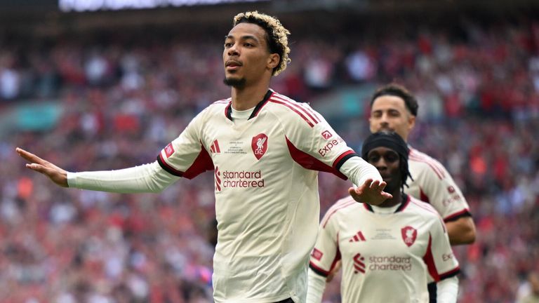 Hugo Ekitike celebrates after giving Liverpool an early lead against Crystal Palace at Wembley