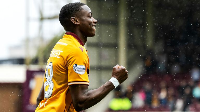 MOTHERWELL, SCOTLAND - AUGUST 30: Motherwell's Tawanda Maswanhise celebrates after scoring to make it 1-1 during a William Hill Premiership match between Motherwell and Kilmarnock at Fir Park Stadium, on August 30, 2025, in Motherwell, Scotland. (Photo by Craig Foy / SNS Group)
