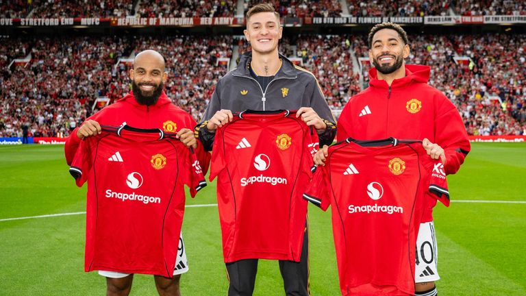New Manchester United signings Bryan Mbeumo, Benjamin Sesko and Matheus Cunha are introduced at Old Trafford