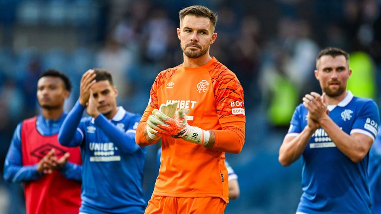Rangers' Jack Butland applauds fans at full time 