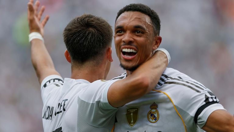 Real Madrid's Arda Guler and Trent Alexander-Arnold celebrate a goal during the Club World Cup (AP Photo/Nell Redmond)