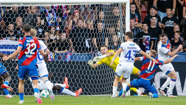 PLZEN, CZECH REPUBLIC - AUGUST 12: Viktoria Plzen's Rafiu Durosinmi (L) scores to make it 1-0 during a UEFA Champions League Third Round Qualifier, Second Leg, between Viktoria Plzen and Rangers at the Doosan Arena, on August 12, 2025, in Plzen, Czech Republic. (Photo by Alan Harvey / SNS Group)