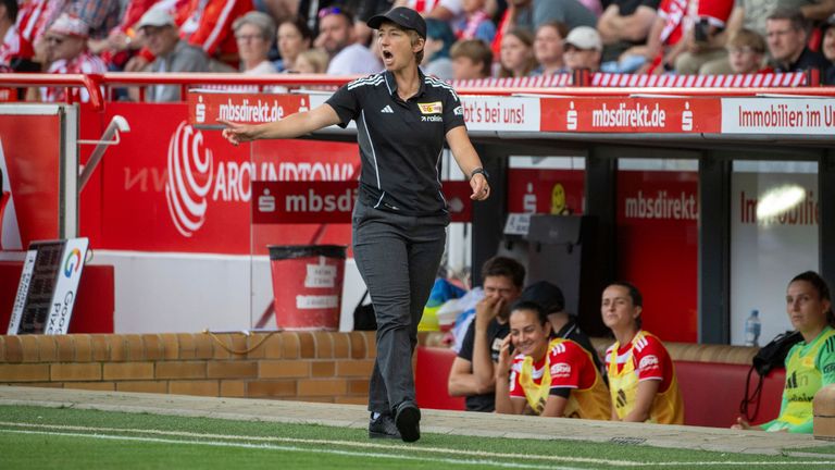 Ailien Poese, head coach of the Union Berlin women's team, on the touchline during their friendly against Real Madrid in pre-season