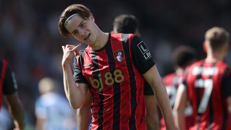 Alex Scott celebrates after scoring for Bournemouth.