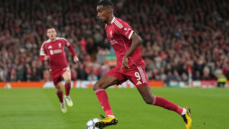 Liverpool's Alexander Isak controls the ball during the Champions League game against Atletico Madrid at Anfield