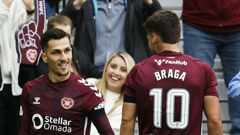 EDINBURGH, SCOTLAND - SEPTEMBER 27: Hearts Alexandros Kyziridis celebrates after scoring to make it 1-0 during a William Hill Premiership match between Heart of Midlothian and Falkirk at Tynecastle Park, on September 27, 2025, in Edinburgh, Scotland. (Photo by Mark Scates / SNS Group)