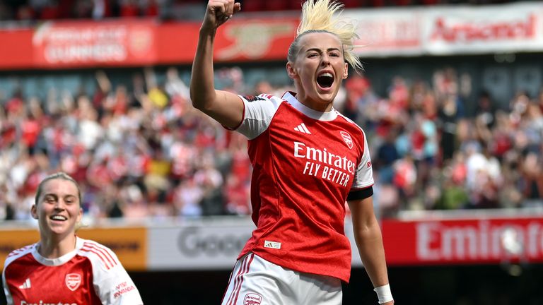 Chloe Kelly celebrates after she scored to put Arsenal 2-1 ahead against London City Lionesses on the stroke of half-time