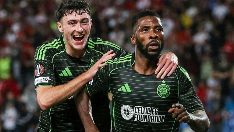 Celtic's Kelechi Iheanacho celebrates scoring to make it 1-0 with Colby Donovan during a UEFA Europa League match against FK Crvena Zvezda