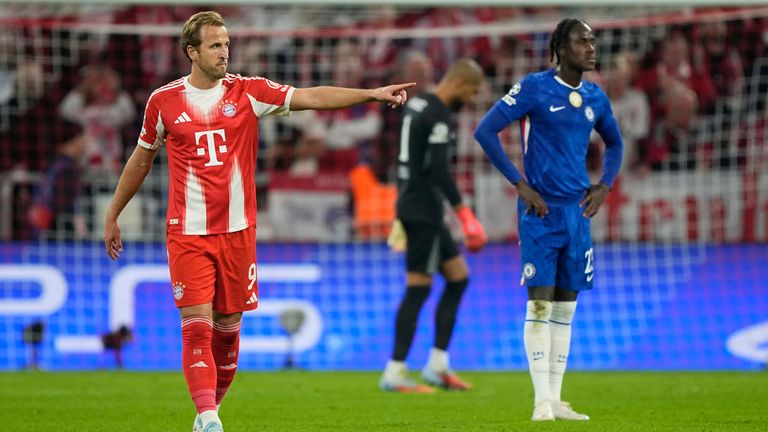 Bayern Munich's  Harry Kane celebrates after scoring his side's third goal vs Chelsea