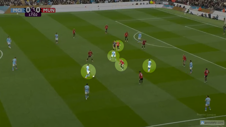 Rodri, Foden and Doku form an overload against Ugarte and Fernandes