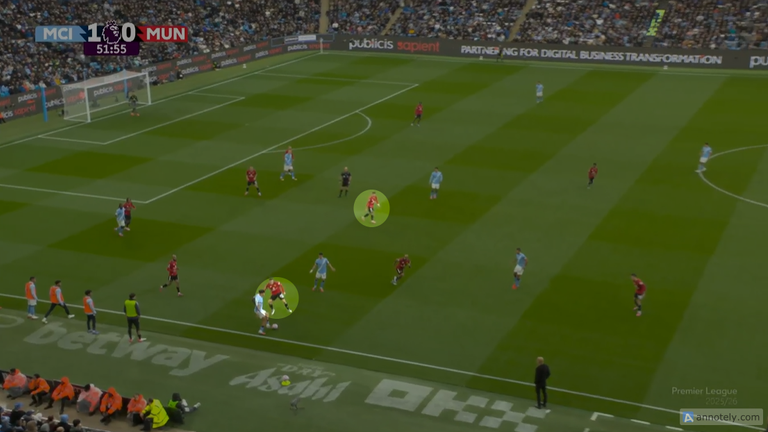 Ugarte rushes to press O'Reilly in the build-up to City's second goal, leaving gaps either side of Fernandes in central midfield