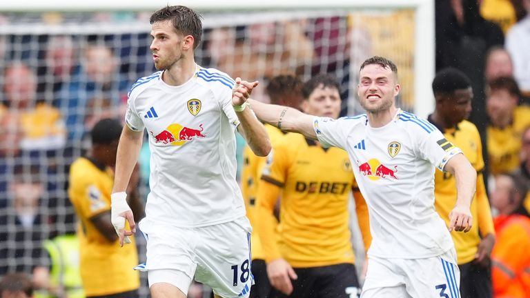 Anton Stach celebrates after firing Leeds into a 2-1 lead against Wolves