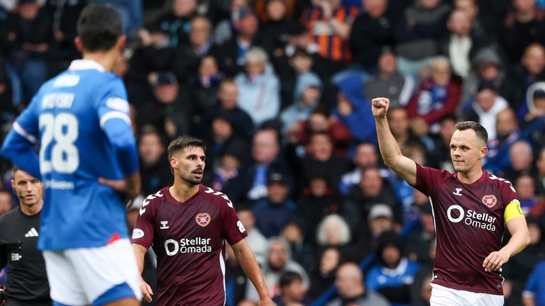 Hearts' Lawrence Shankland celebrates as he scores to make it 1-0 against Rangers
