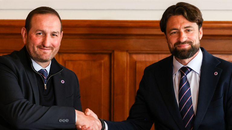 GLASGOW, SCOTLAND - JUNE 05:  Russell Martin is unveiled as the new Head Coach of Rangers Football Club at Ibrox Stadium alongside Rangers Sporting Director Kevin Thelwell, on June 05, 2025, in Glasgow, Scotland. (Photo by Craig Williamson / SNS Group)