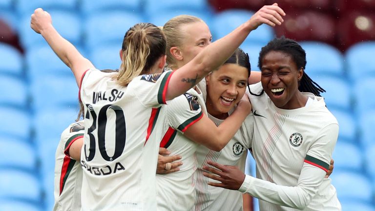 Chelsea's Sam Kerr celebrates scoring their third goal of the game