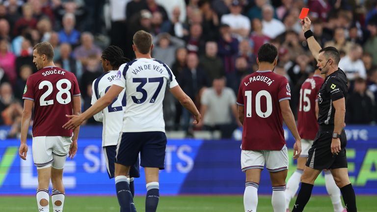 Referee Jarred Gillett shows West Ham's Tomas Soucek a red card 