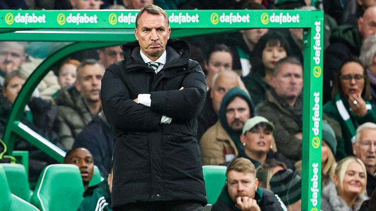 GLASGOW, SCOTLAND - OCTOBER 05: Celtic Manager Brendan Rodgers looks dejected during a William Hill Premiership match between Celtic and Motherwell at Celtic Park, on October 05, 2025, in Glasgow, Scotland. (Photo by Ross MacDonald / SNS Group)