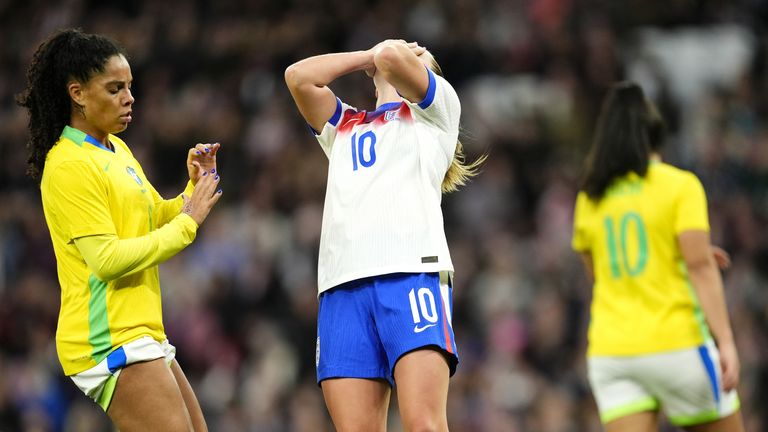 Ella Toone reacts to a missed chance as England went 2-0 down to Brazil