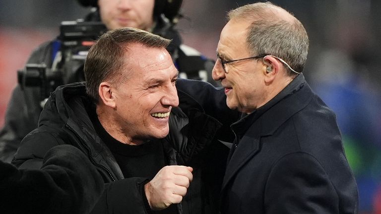 Brendan Rodgers and Martin O'Neill pictured in February 2025 ahead of Celtic's Champions League game with Bayern Munich