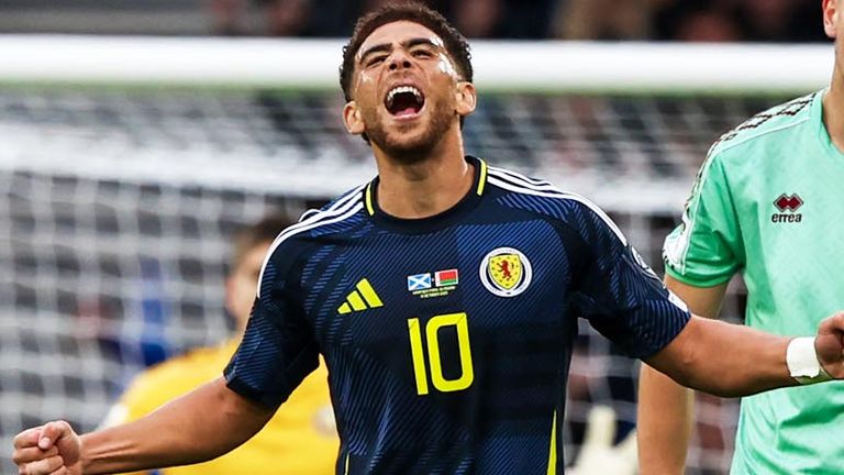 Scotland's Che Adams celebrates after scoring a goal against Belarus