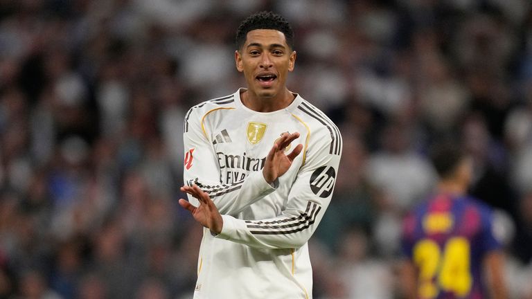 Real Madrid's Jude Bellingham reacts during a LaLiga match against Barcelona