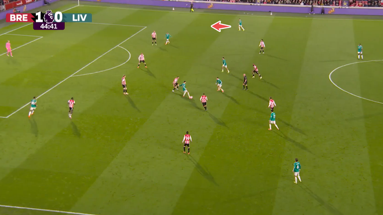 Liverpool's Conor Bradley was advancing with his team in possession but it left Brentford's Kevin Schade with a free run at Ibrahima Konate