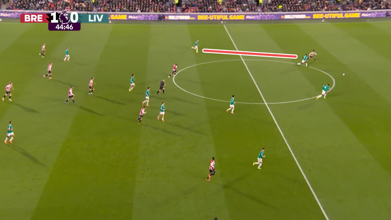 Kevin Schade runs through on goal to score for Brentford against Liverpool