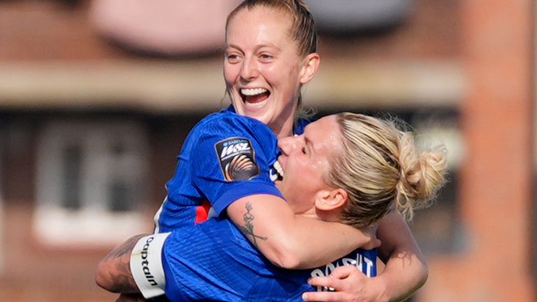 Keira Walsh celebrates her goal with team-mate Millie Bright